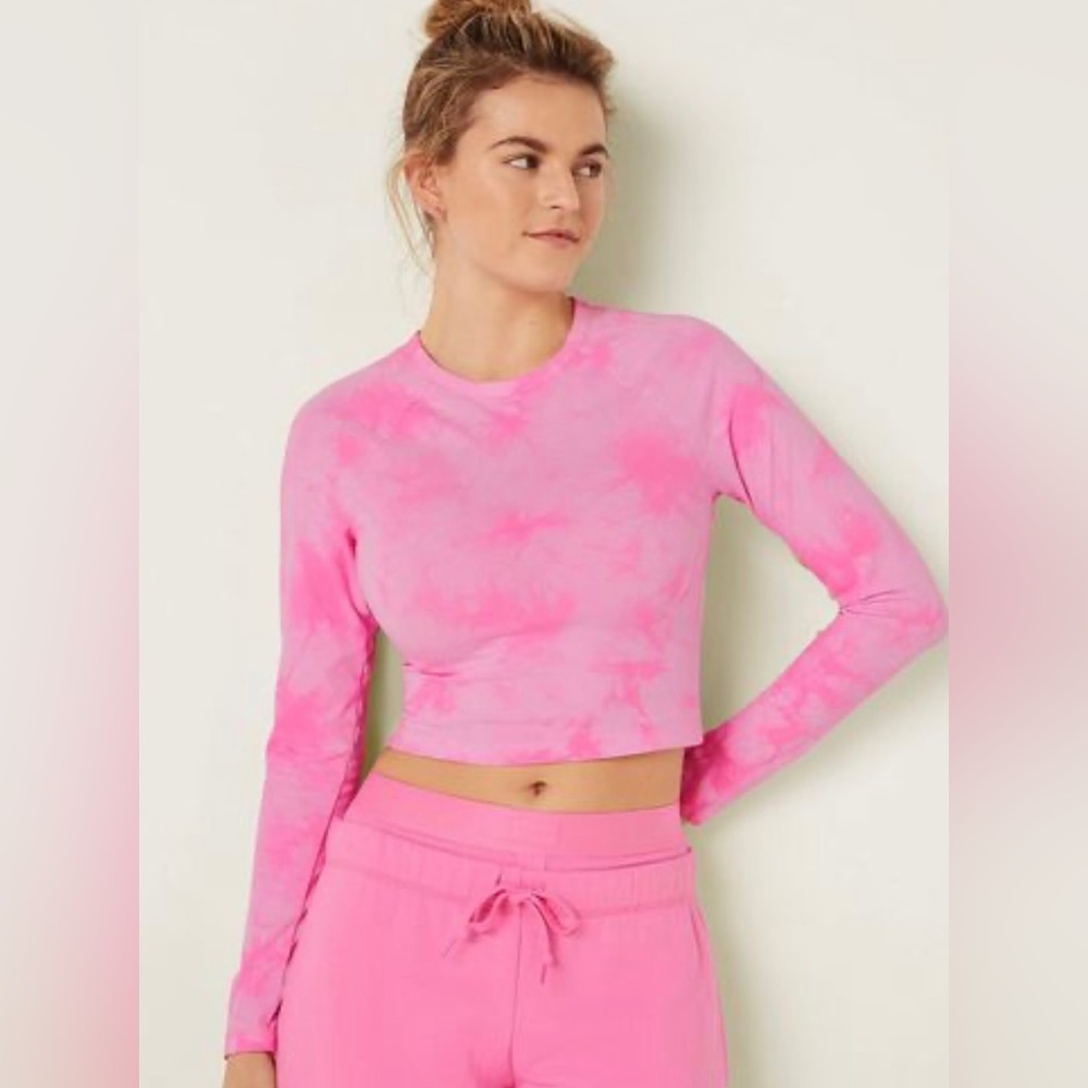 Victoria's Secret PINK Women’s Tie Dye Pink Cropped Long Sleeve Raglan Top Sz M